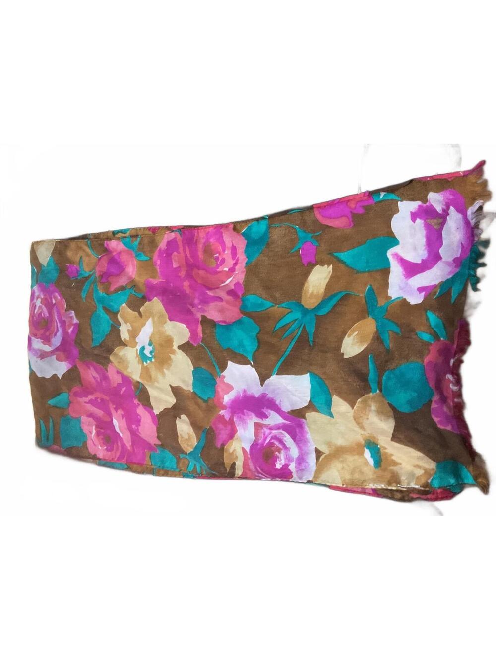 Vintage Floral Shawl /Wrap / Scarf with Pink, Brown and Turquoise Flowers